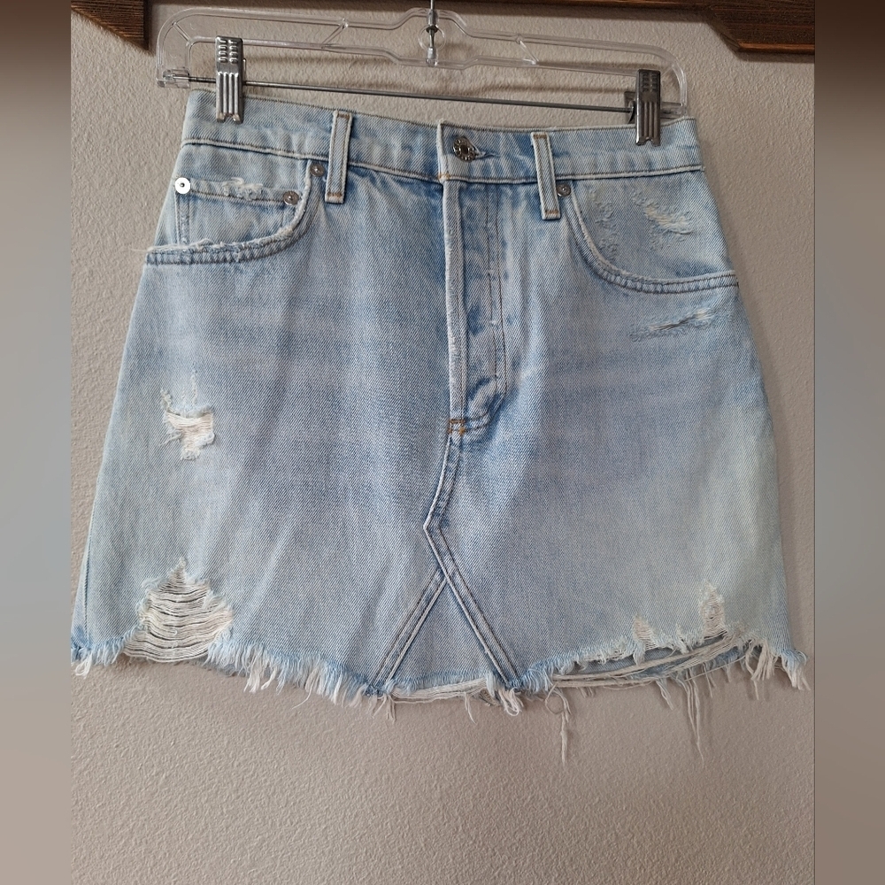 NWOT AGOLDE Quinn High-Rise Denim Mini Skirt Button Fly Women Size 27 Distressed